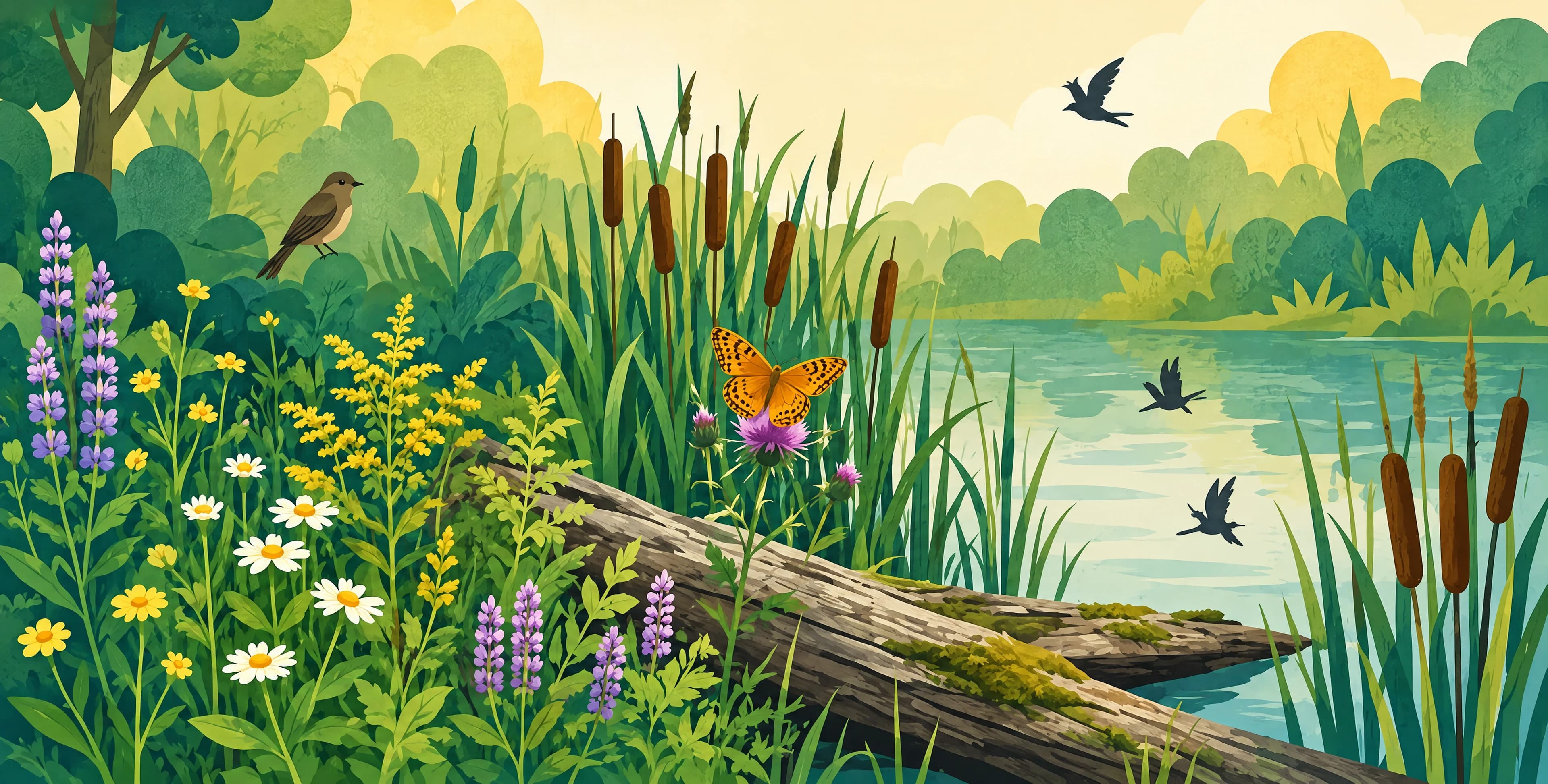 A pond edge with wildflowers and cattails, birds and a butterfly in the air.