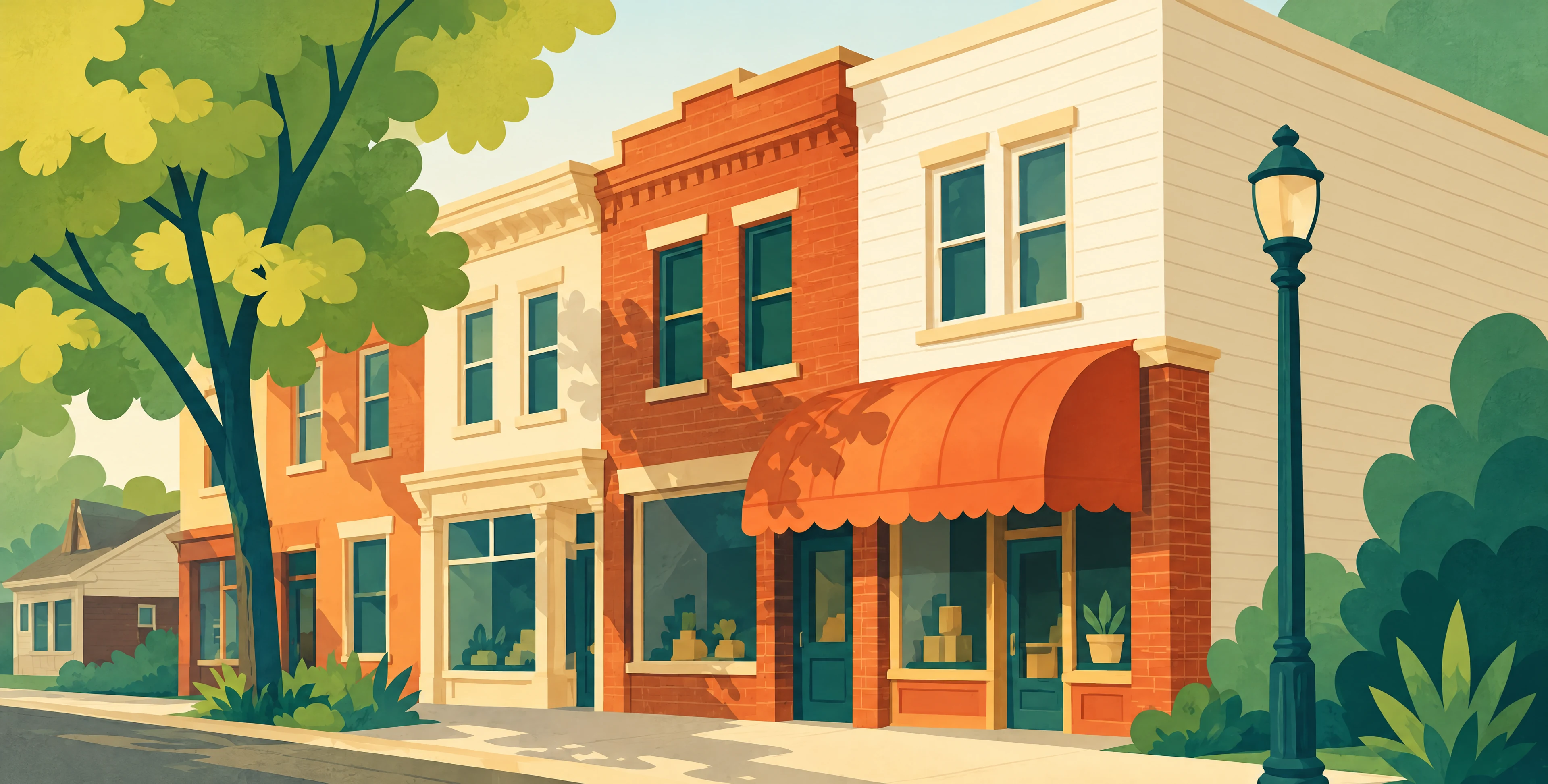 A row of brick and clapboard storefronts on a main street in late afternoon light.