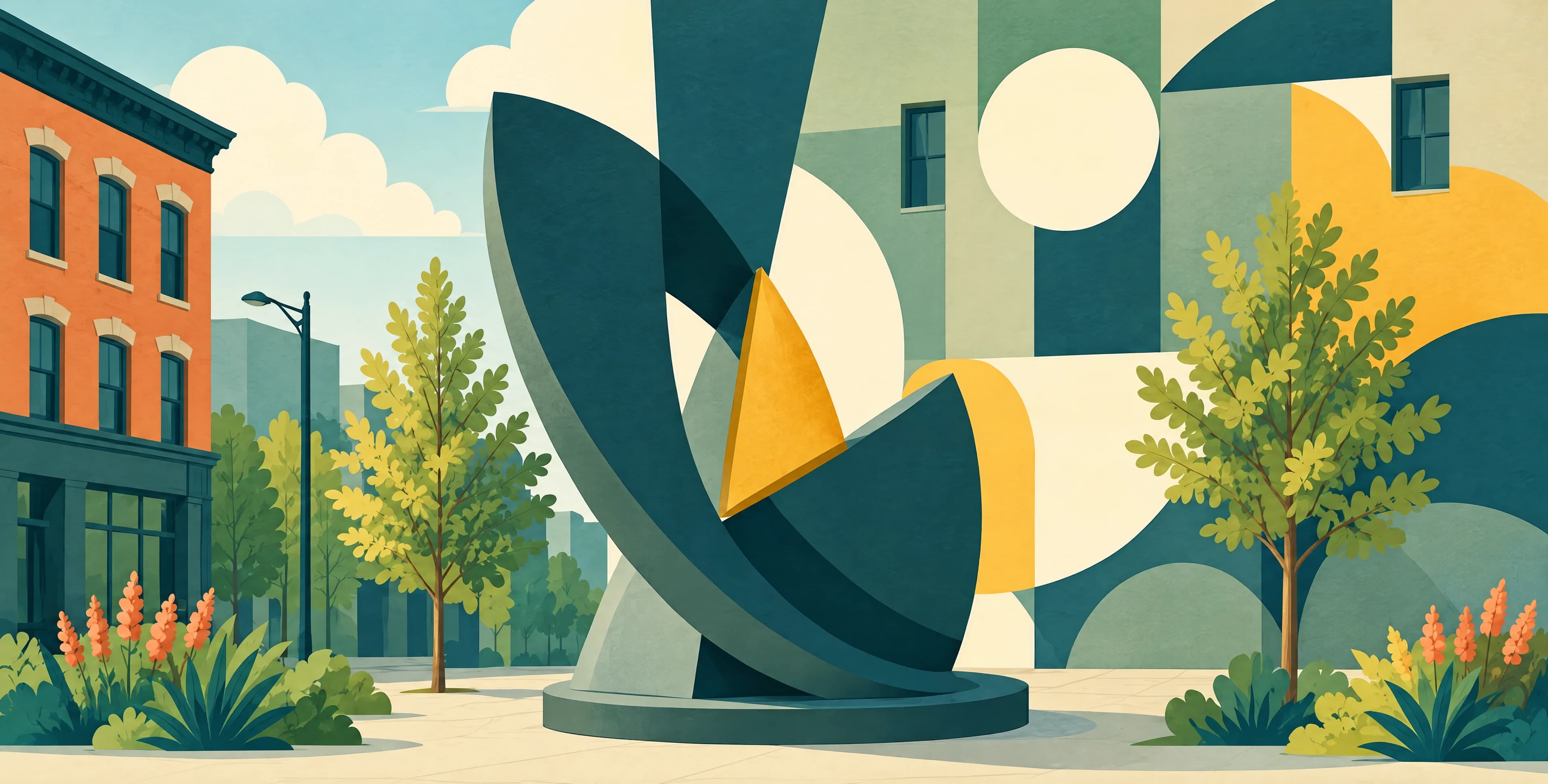 A tall black and orange sculpture standing in front of a painted geometric mural on a city plaza.