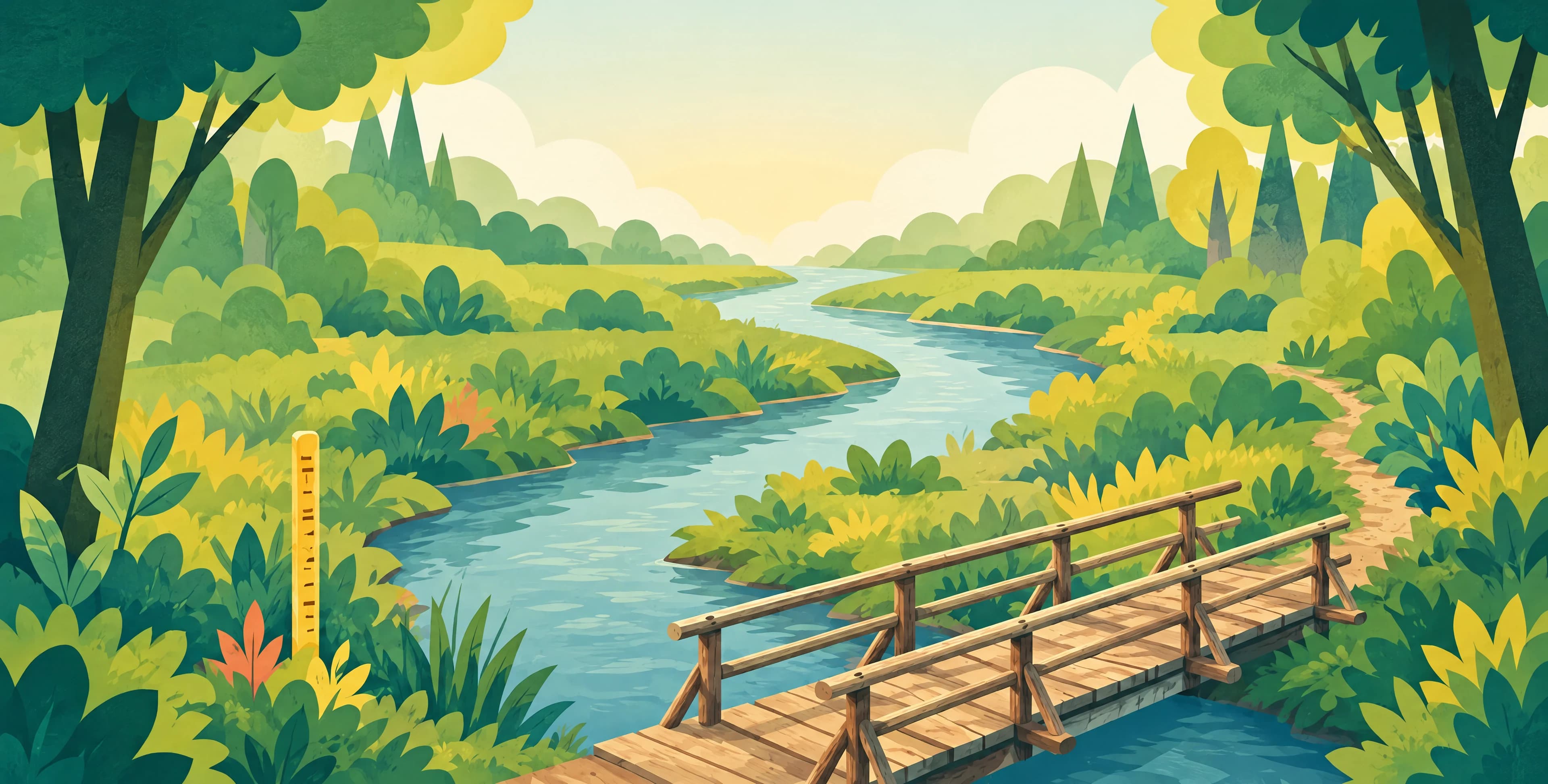 A shallow creek winding through tall grass toward a wooden footbridge.