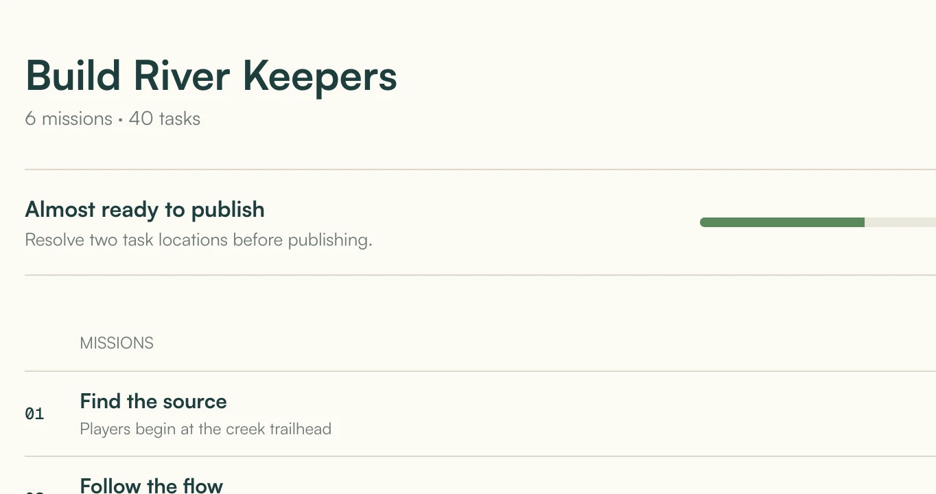 The Build River Keepers game builder showing six missions and a publishing warning about two missing locations.