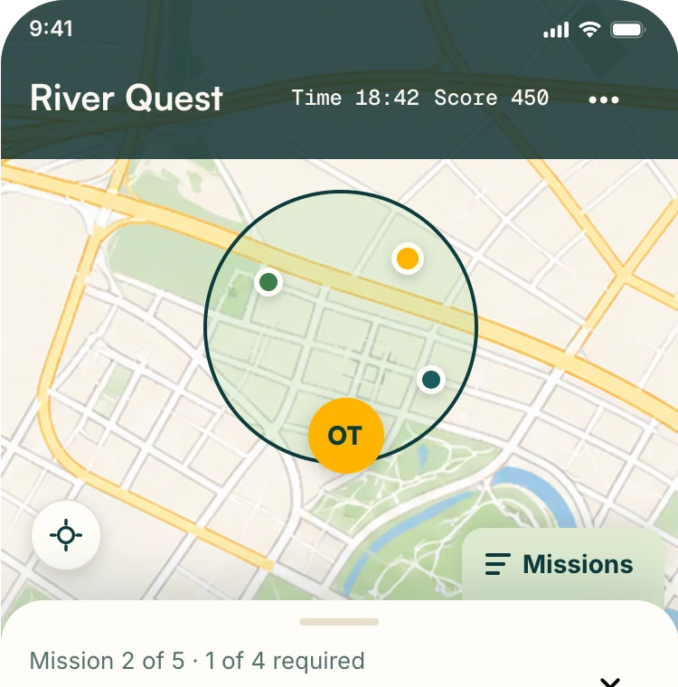 A player's phone during River Quest showing a map, the current score, elapsed time, and nearby places.