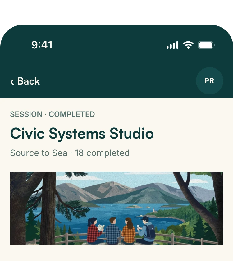 A player's phone showing a completed Source to Sea session for Civic Systems Studio above a group illustration.